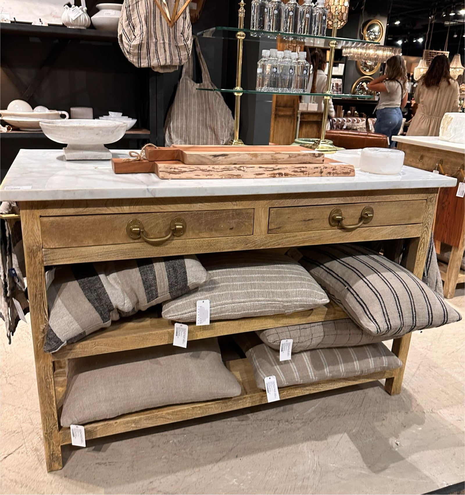 LARGE MARBLE TOPPED ISLAND WITH DRAWERS AND SHELVES FOR SALE, LARGE WOODEN KITCHEN ISLAND WITH WHITE MARBLE TOP