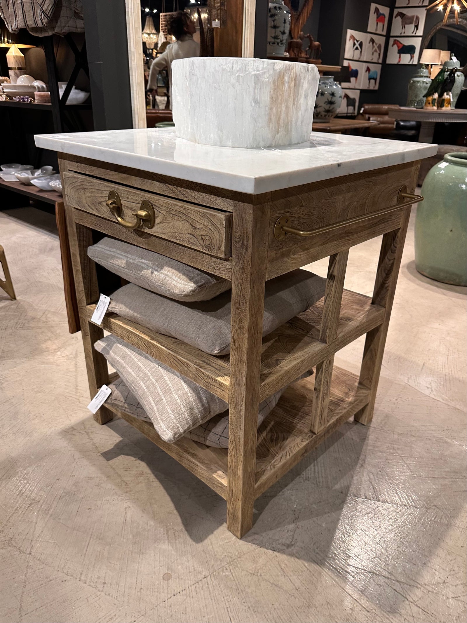 SMALL MARBLE TOPPED ISLAND, MARBLE TOPPED KITCHEN ISLAND WITH BRASS HANDLES