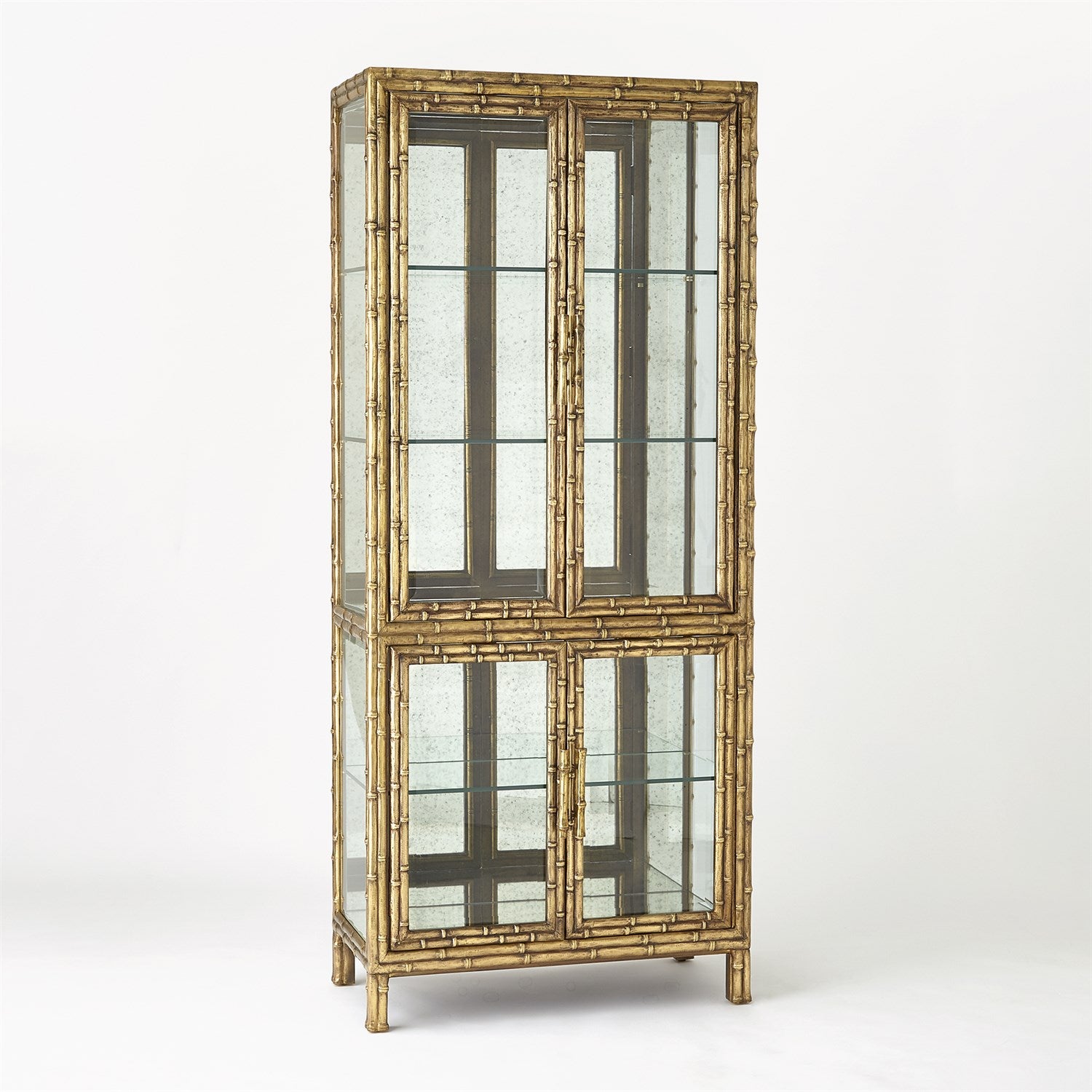 LUXURY IRON AND MIRROR DISPLAY CABENET FOR SALE, BRASS BAMBOO AND GLASS CABINET