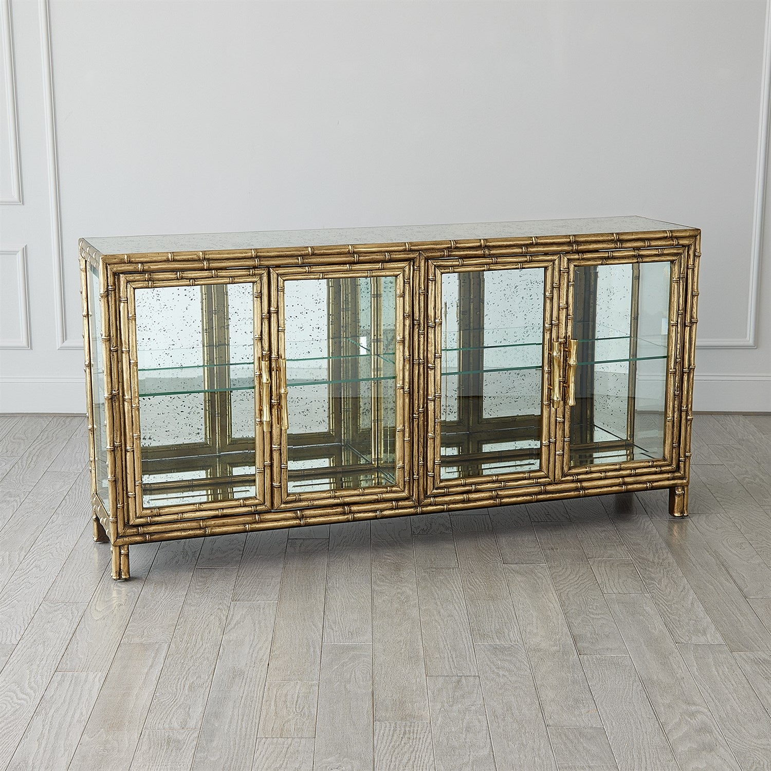 ANTIQUE MIRRORED BAMBOO STYLE DISPLAY CABINET, TROPICAL STYLE BRASS CABINET FOR SALE