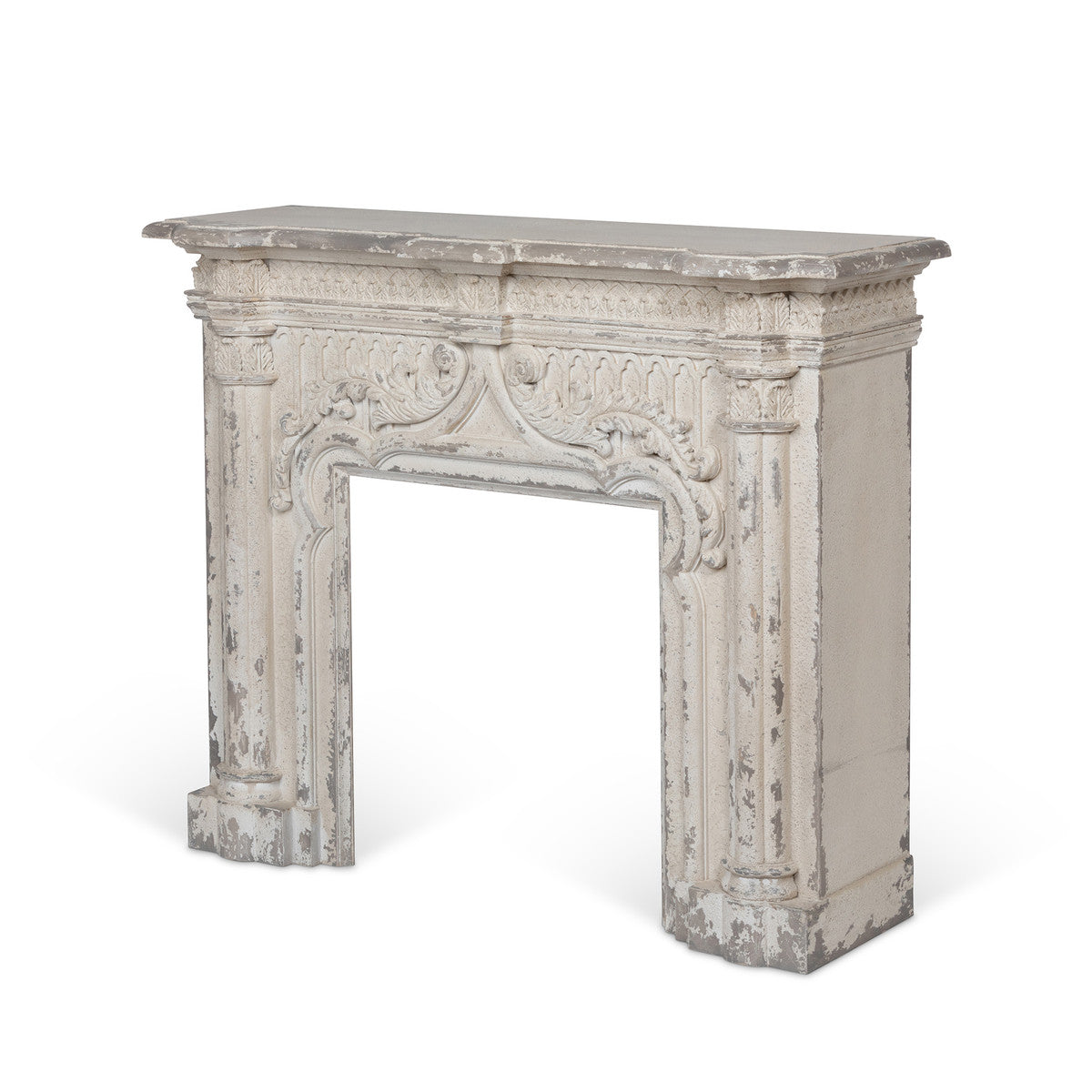 Aged Chateau Fireplace Mantel, Vintage White Stone Fireplace Mantel for sale