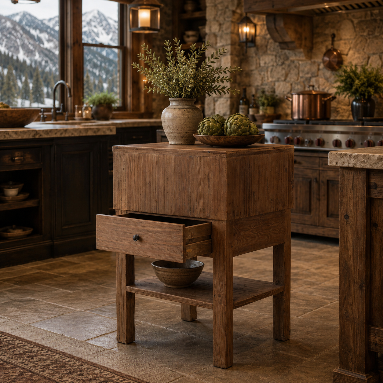Oscar Kitchen Island Furniture Classics, reclaimed wood prep island with stone top, Oscar Kitchen Island Furniture Classics, reclaimed wood prep island with stone top