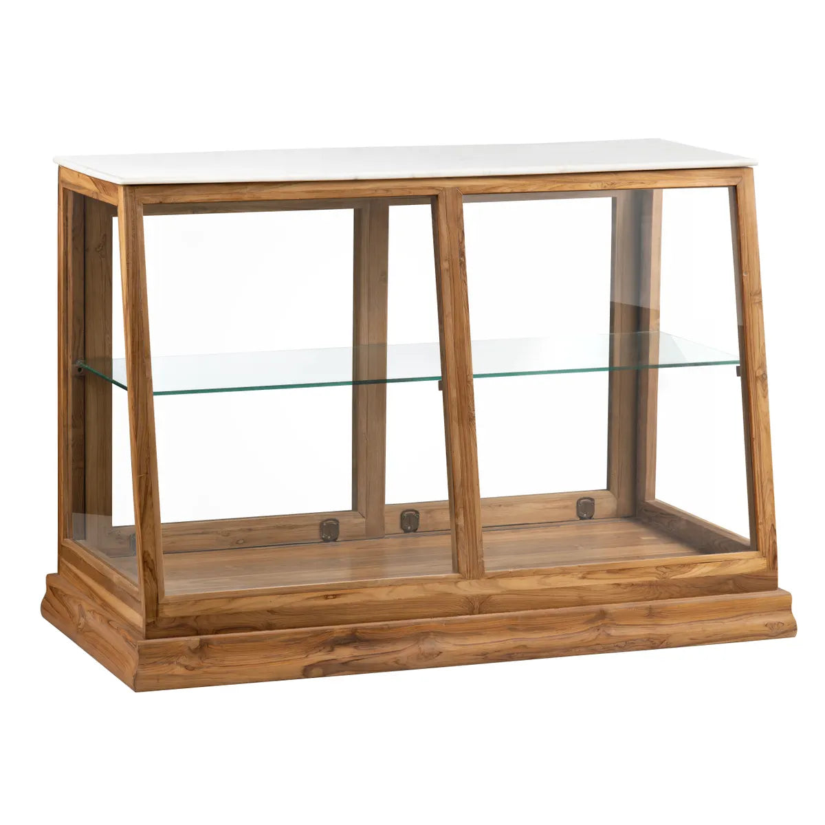 A marble top patisserie display counter with a stained finish, featuring a glass sneeze guard and wooden frame.