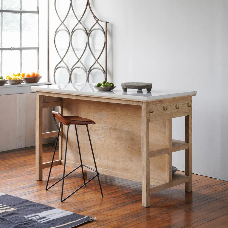 LARGE MARBLE TOPPED ISLAND WITH DRAWERS AND SHELVES FOR SALE, LARGE WOODEN KITCHEN ISLAND WITH MARBLE TOP AND SEAT