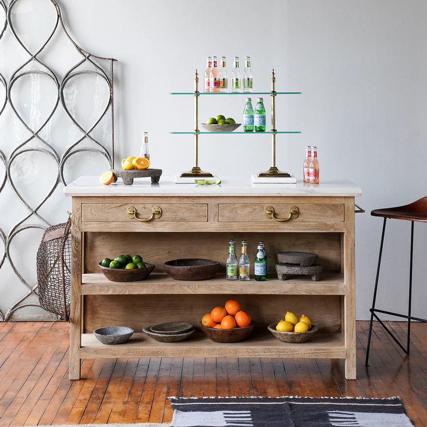 LARGE MARBLE TOPPED ISLAND WITH BRASS DRAWERS ., LARGE WOODEN KITCHEN ISLAND WITH WHITE MARBLE TOP FOR SALE