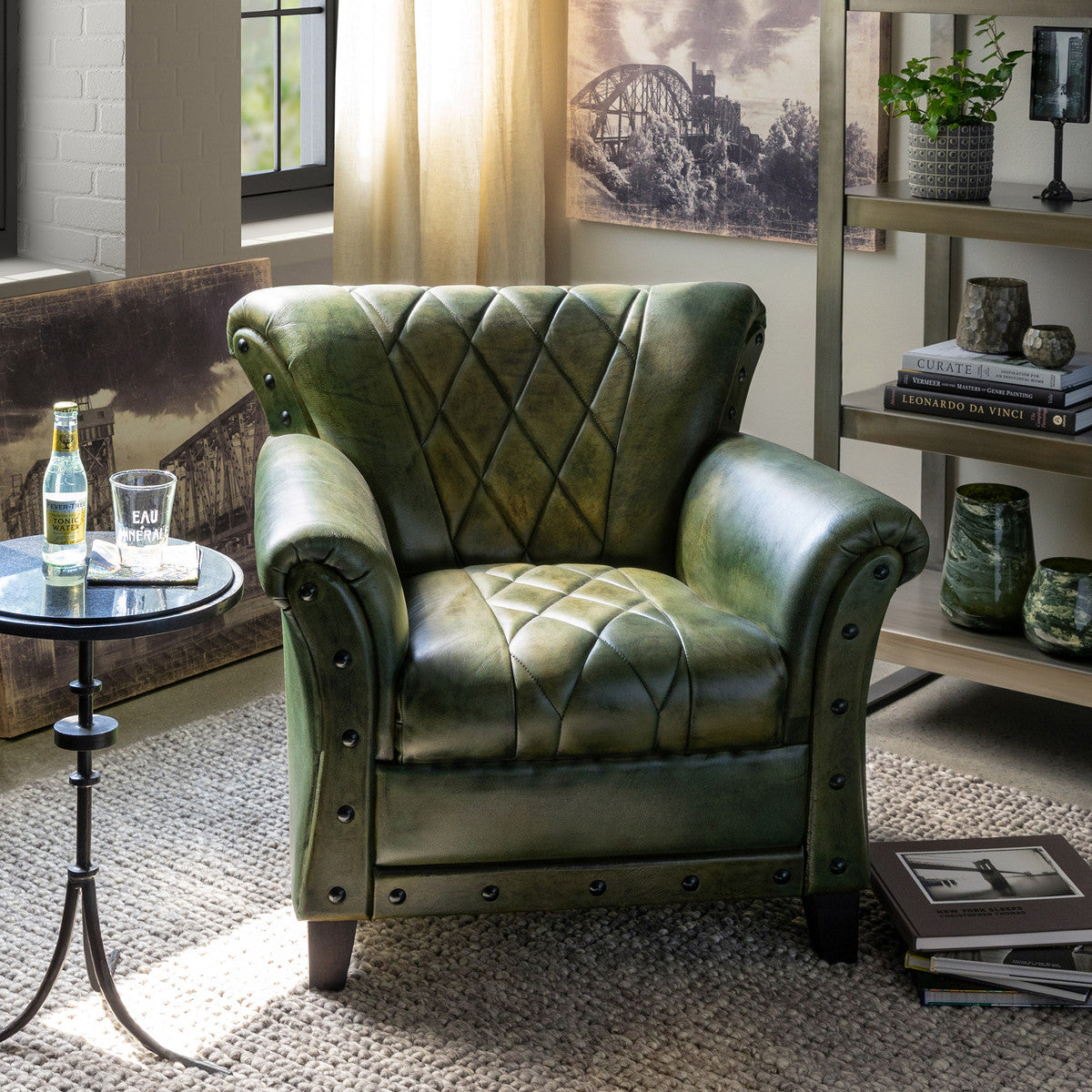 Green Fairmont Leather Armchair The Alley Exchange, Vintage Green Leather arm chair for sale