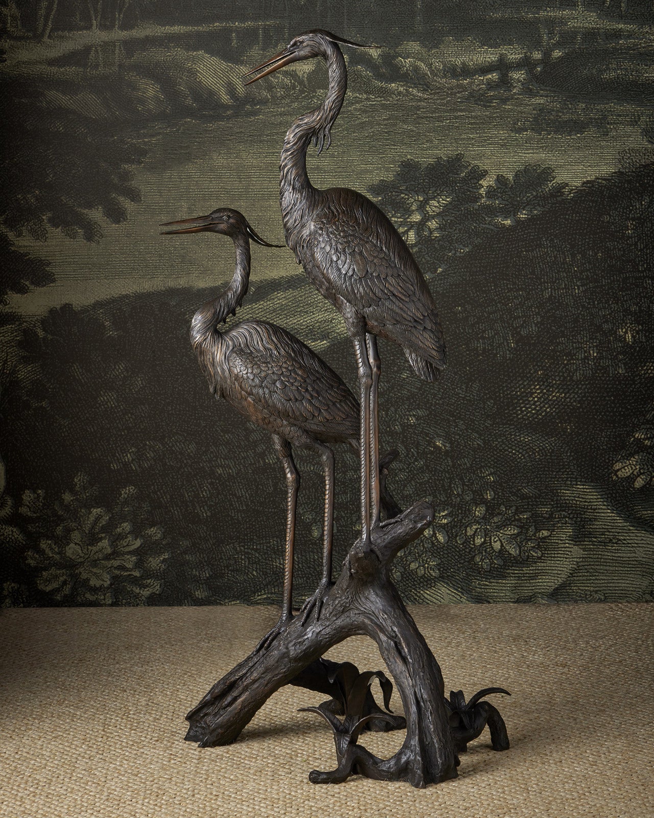 Herons on Branch Bronze Sculptures, Large Bird Bronze Statuary for sale