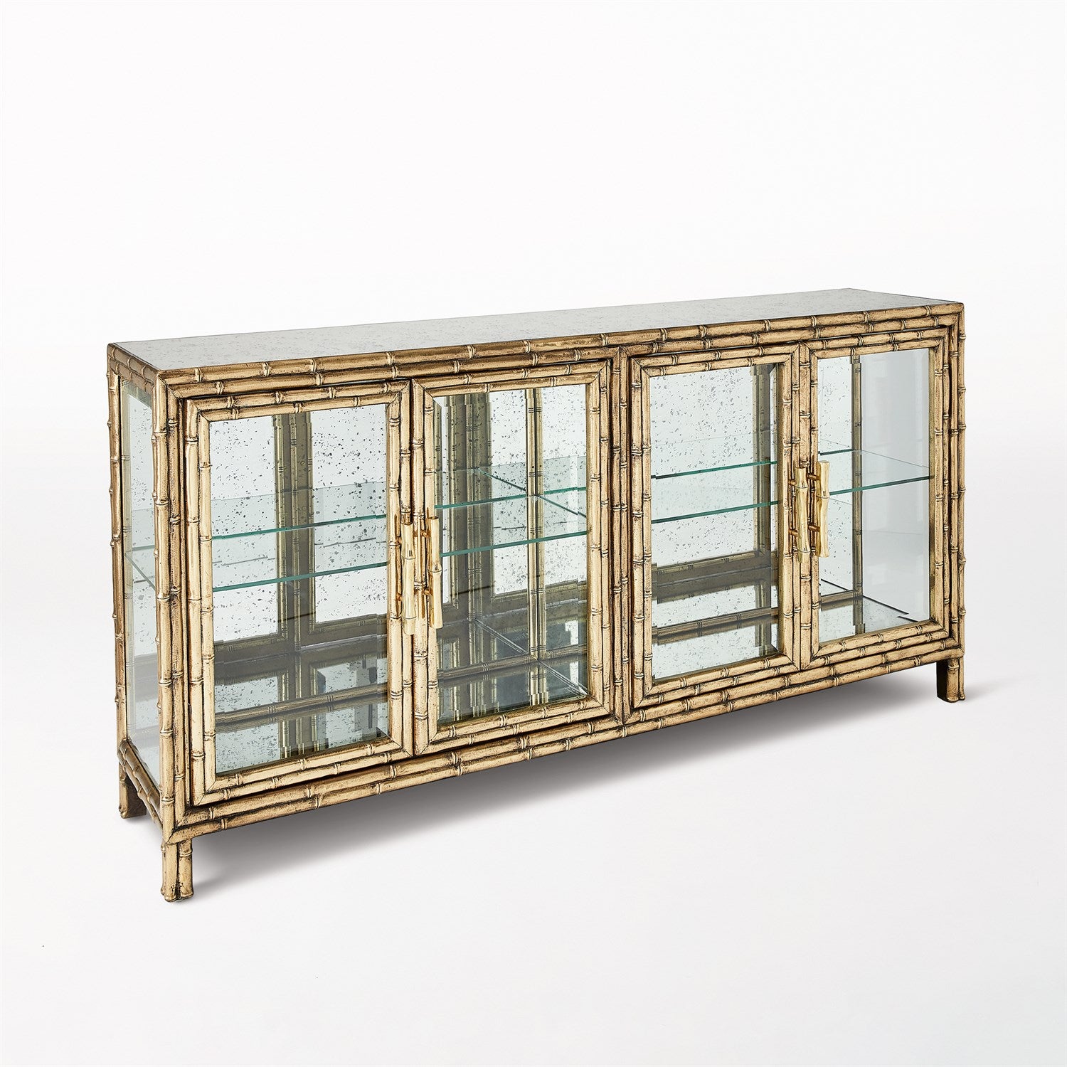 ANTIQUE MIRRORED BAMBOO STYLE DISPLAY CABINET, TROPICAL STYLE BRASS CABINET FOR SALE