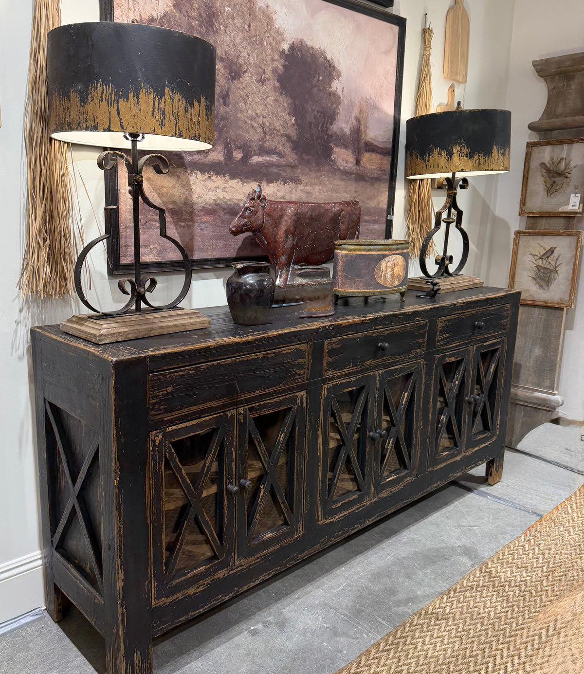Vintage Black Country Sideboard for sale, Reclaimed Black wooden console for sale
