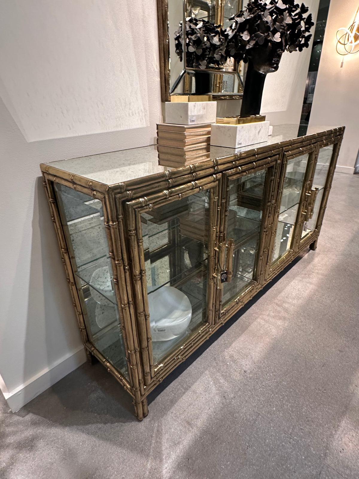 Antiqued Brass Bamboo Console, ANTIQUE MIRRORED DISPLAY CASE FOR SALE