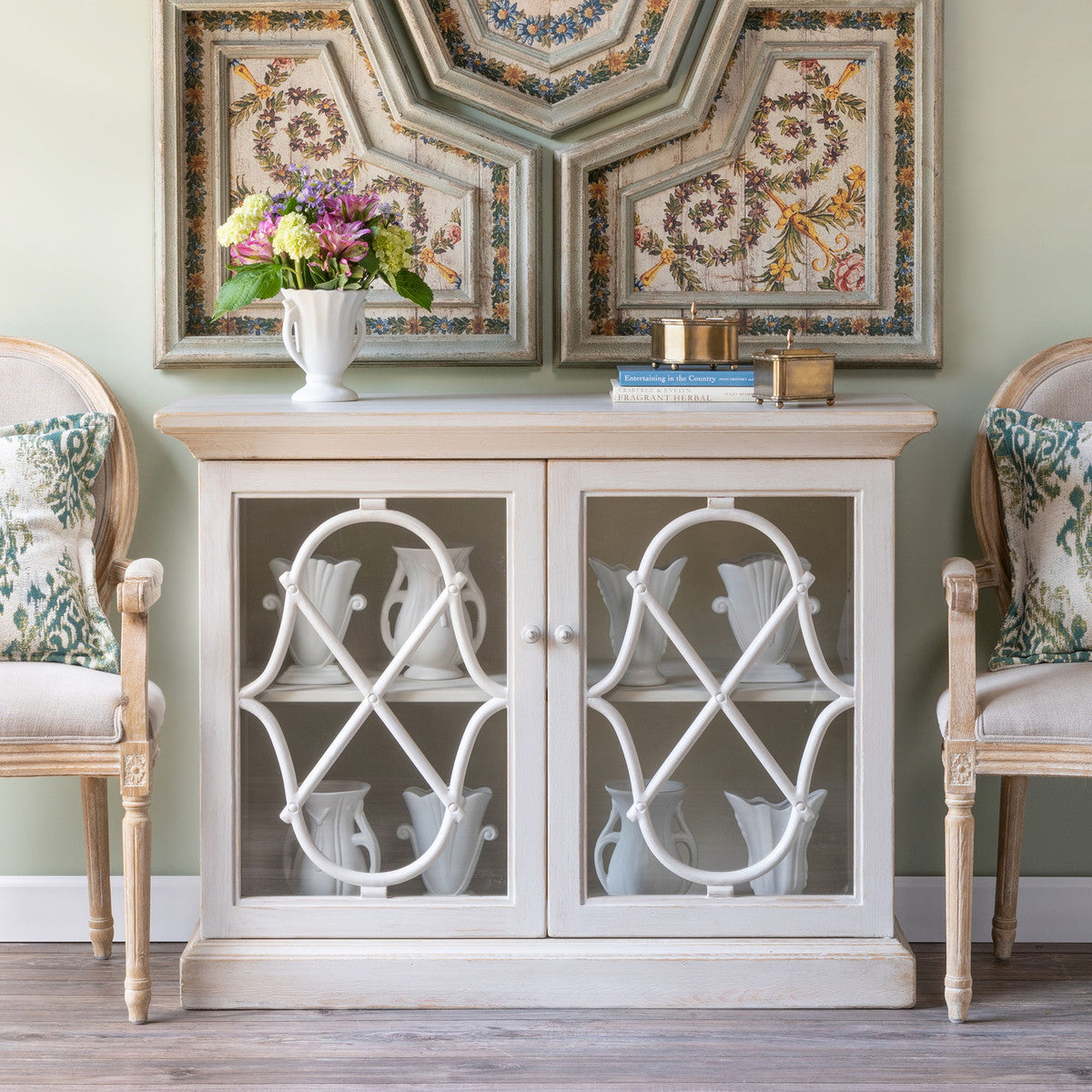 Southern home wood console with glass, White wooden hutch with glass