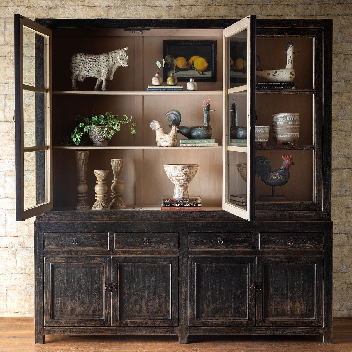 Reclaimed wooden bookcase with glass, VINTAGE WOODEN BOOKCASE WITH GLASS ￼