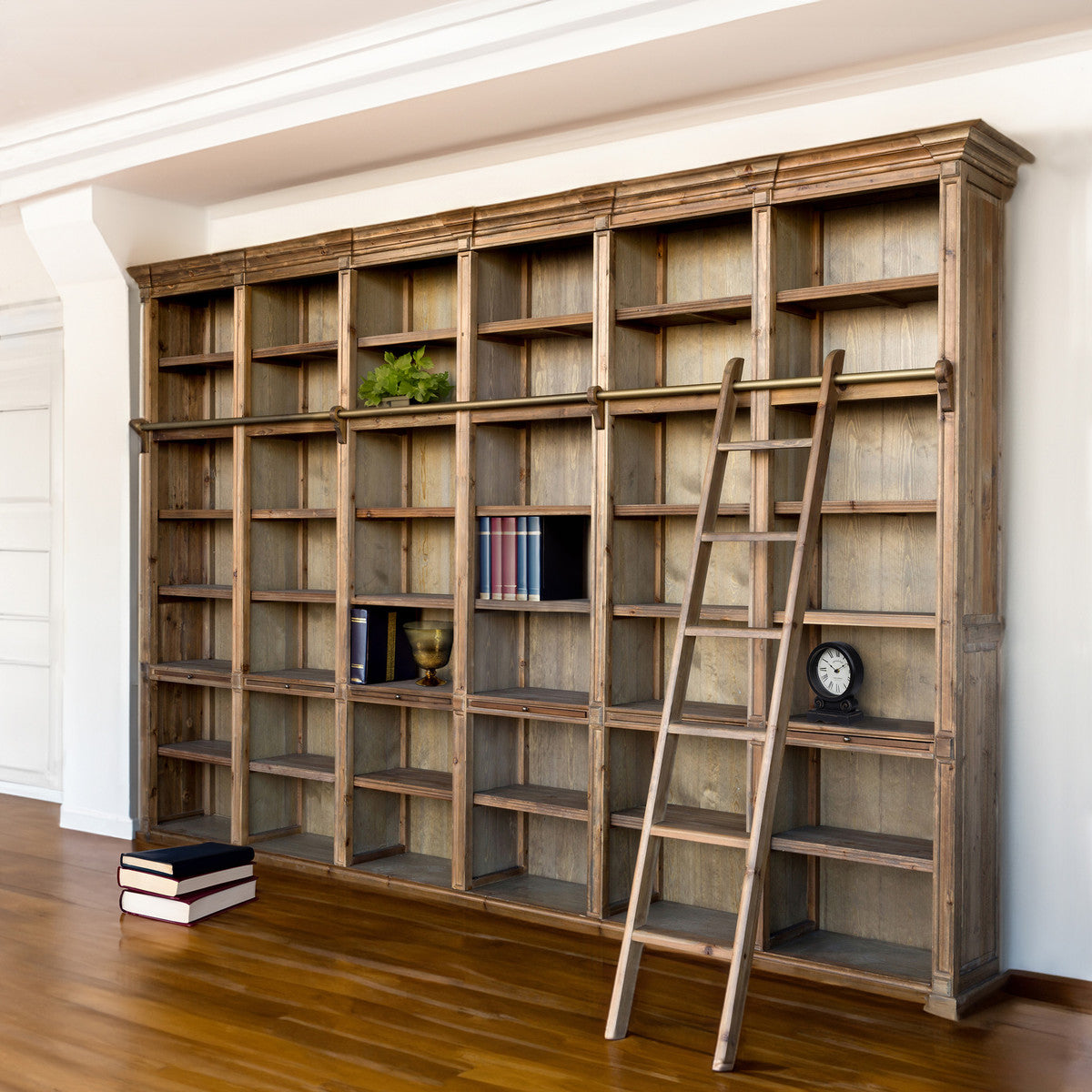 Vintage library shelves for sale. Wooden library shelves with ladder for sale.