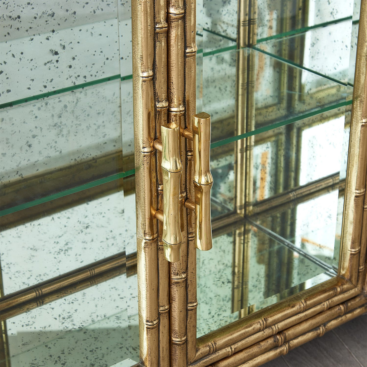 ANTIQUE MIRRORED BAMBOO STYLE DISPLAY CABINET, TROPICAL STYLE BRASS CABINET FOR SALE