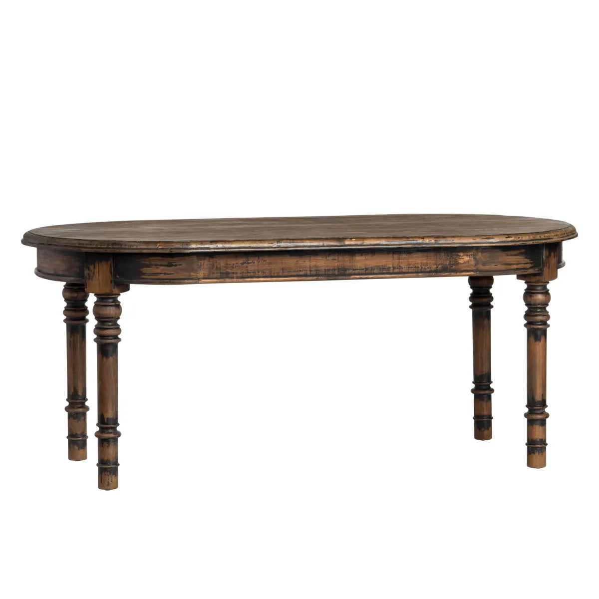 An oval-shaped aged black dining table with distressed finish and wooden legs,