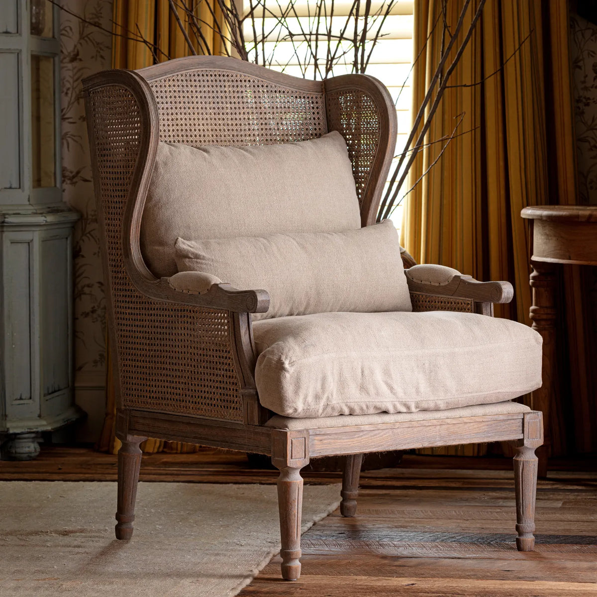 French Cane Back Wing Chair, Cane Wing Back Lounge Chair