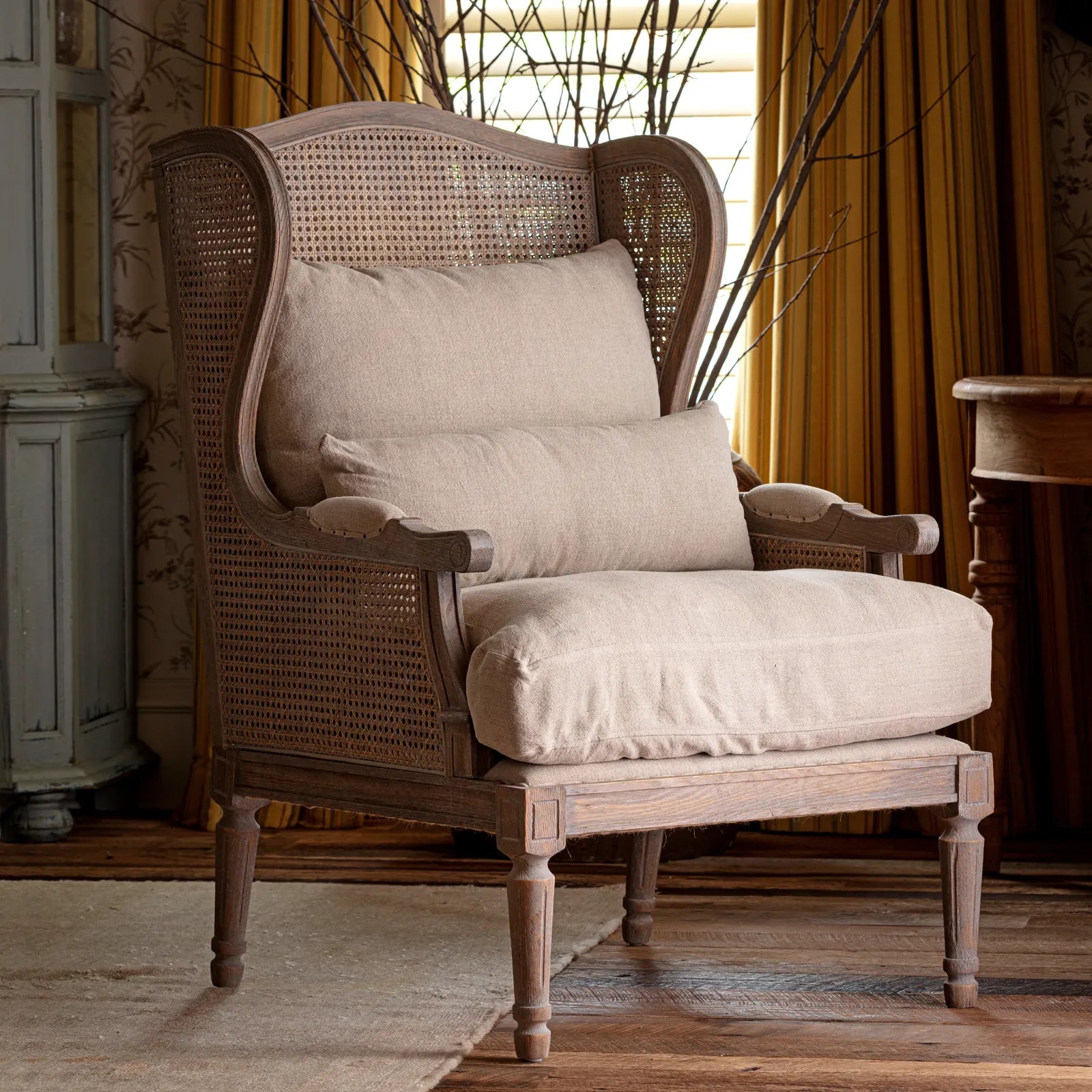 French Cane Back Wing Chair, Cane Wing Back Lounge Chair