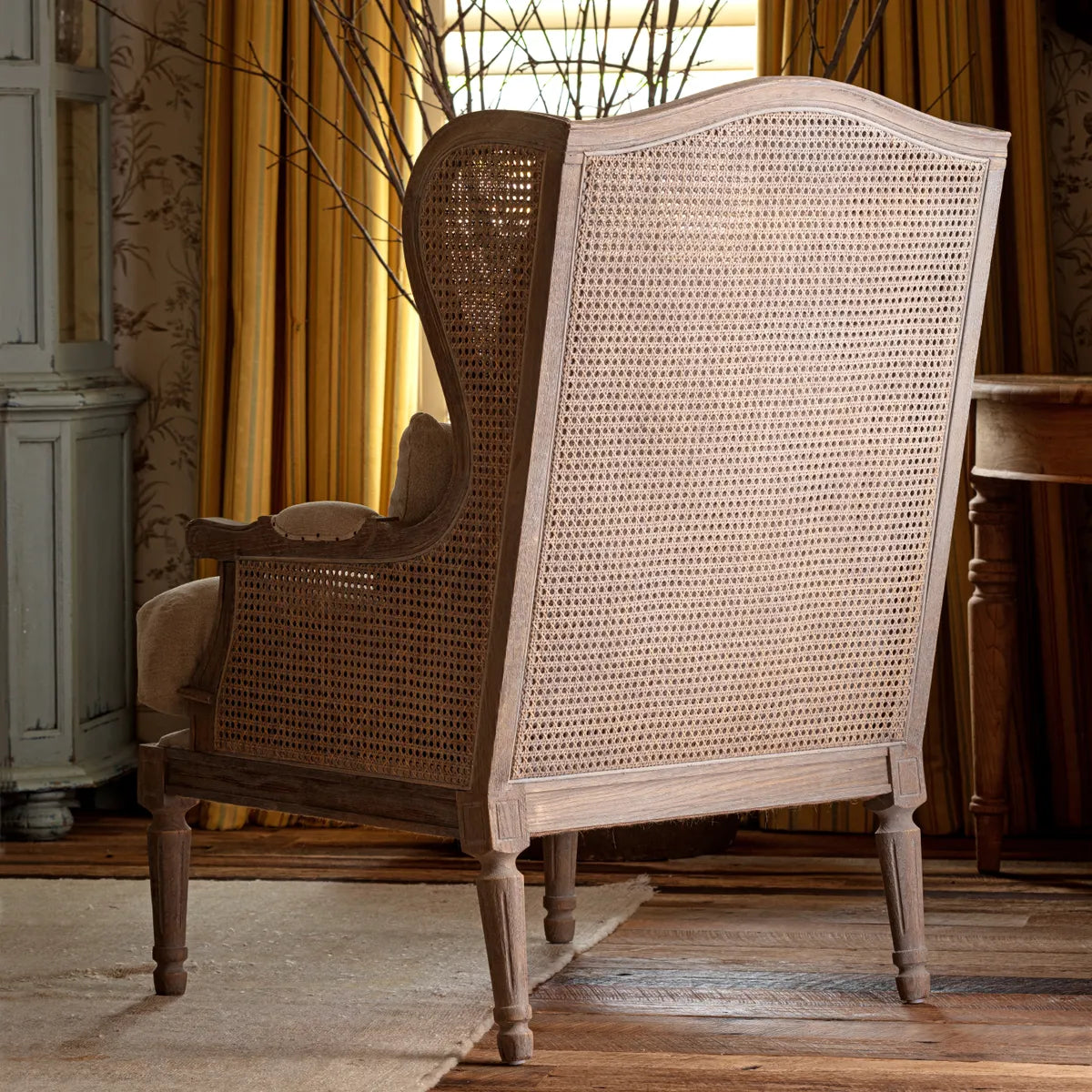 French Cane Back Wing Chair, Cane Wing Back Lounge Chair