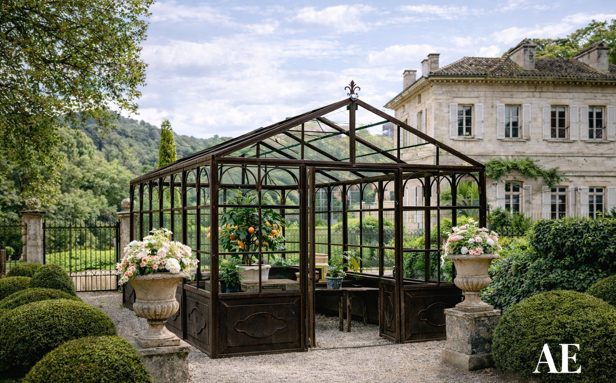 Large Orchard greenhouse in a garden setting with a classical building in the background, LARGE WROUGHT IRON CONSERVATORY FOR SALE