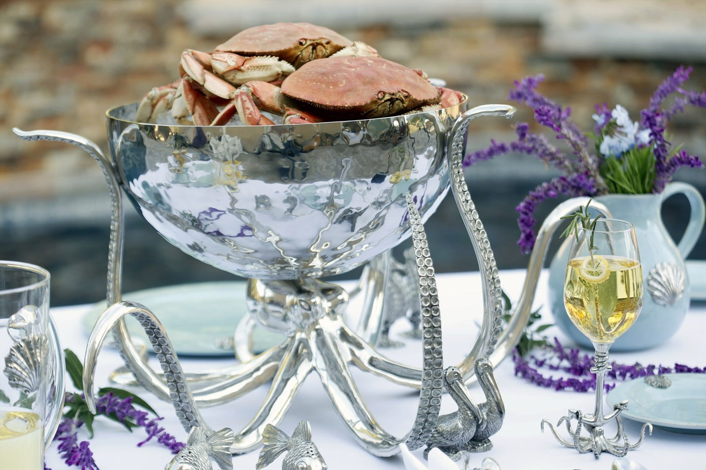 Silver Steel Octopus Serving Bowl, Vagabond House Luxury Ice Bucket 