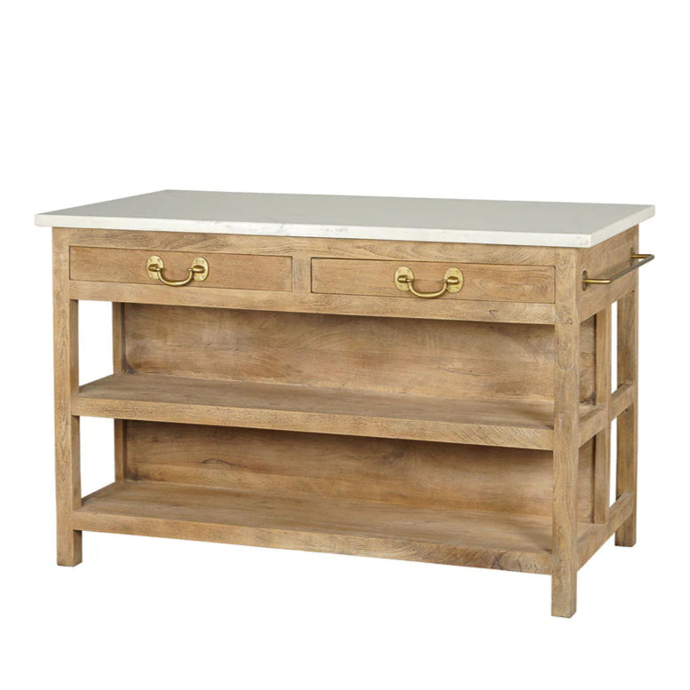A large Newport Kitchen Island made of bleached mango wood with brass hardware and a white Banswara marble top.