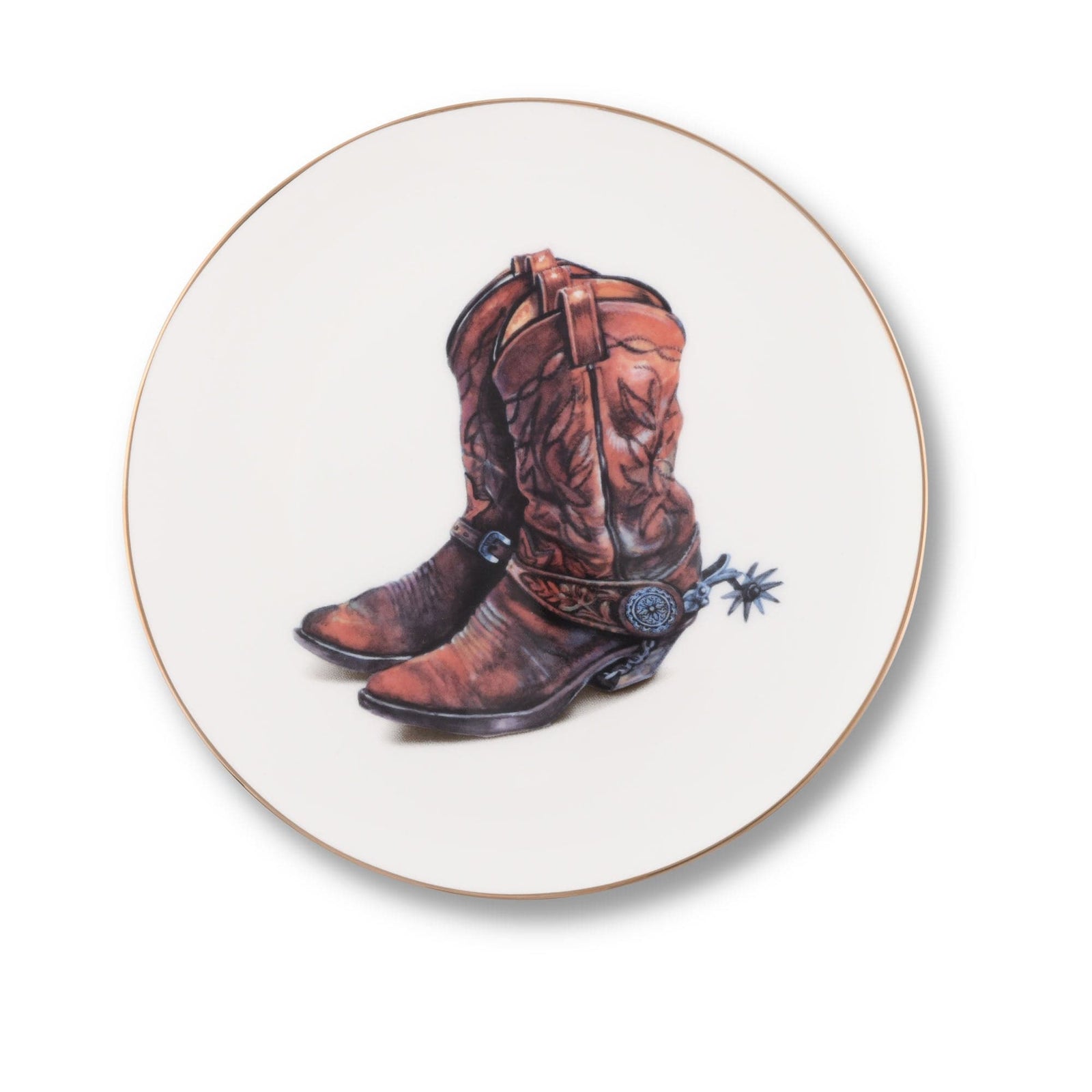 Round plate with a design of brown cowboy boots on a white background