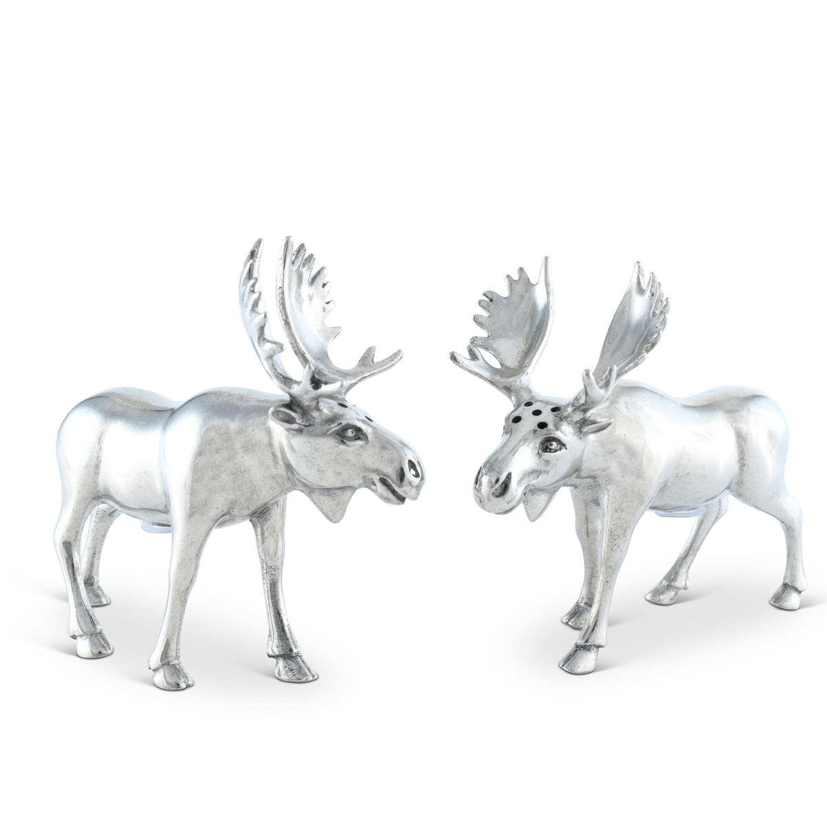 Two silver moose figurines on a white background