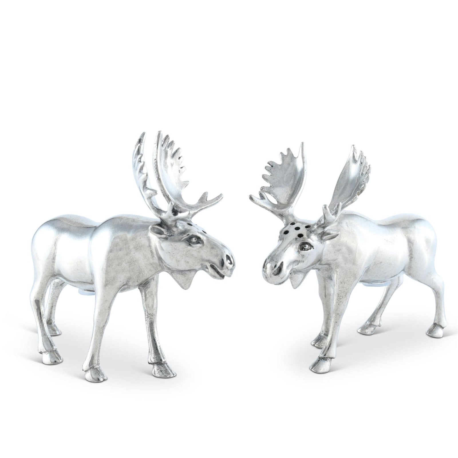 Two silver moose figurines on a white background