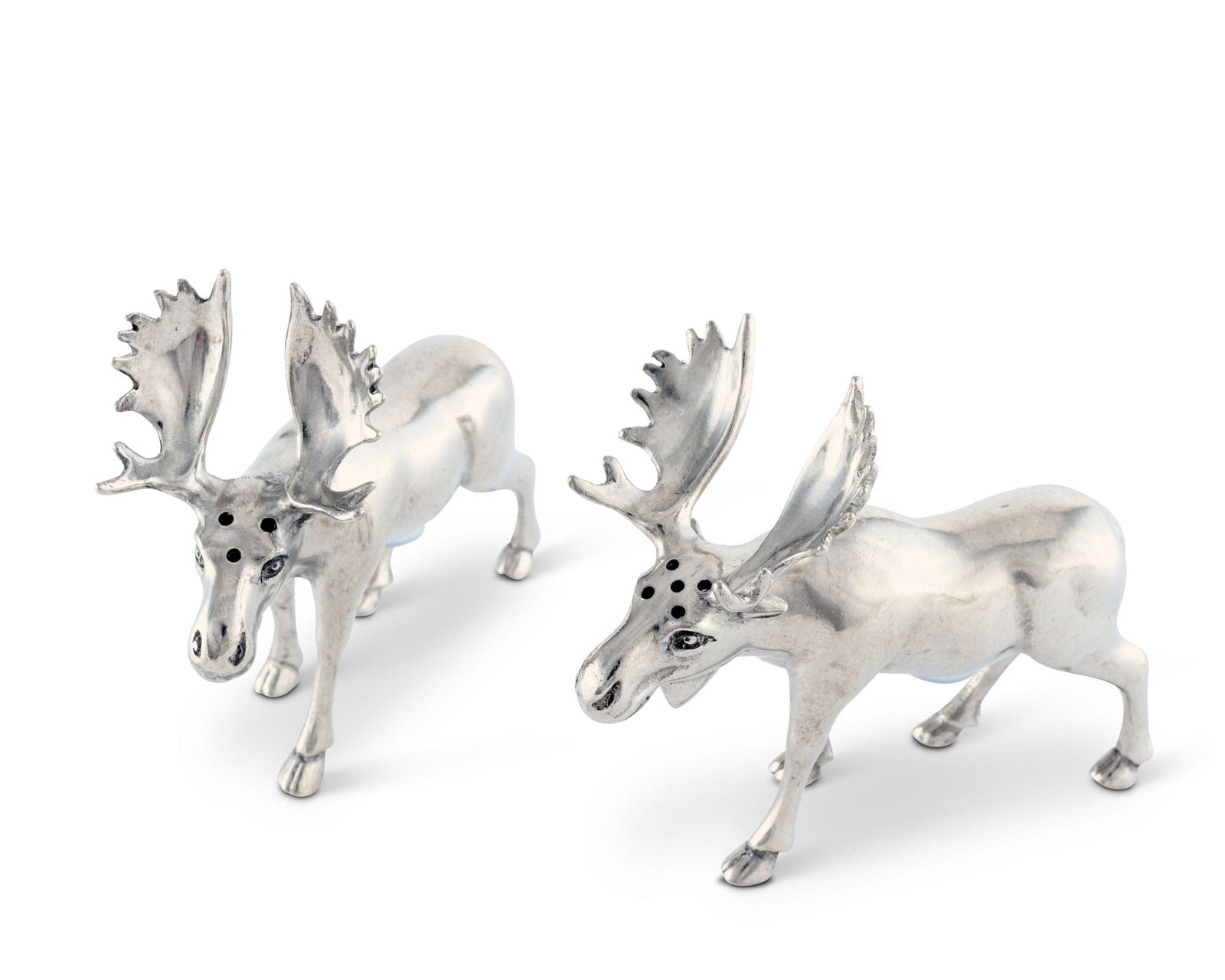Two silver moose figurines on a white background