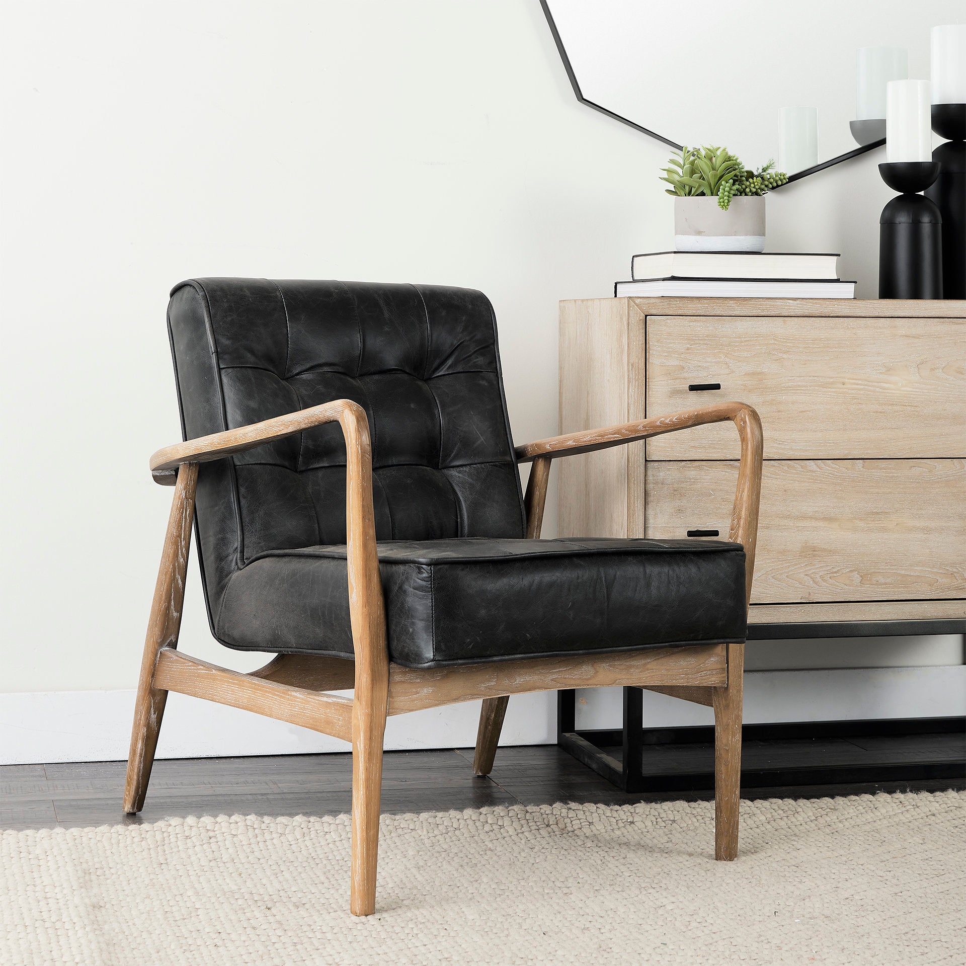 Bracy Black Leather and Wood Armchair