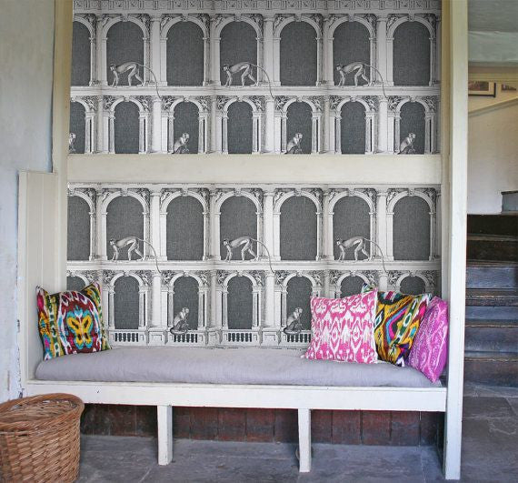 cole and son monkey wallpaper in white for sale, imported nature wallpaper from the uk for sale
