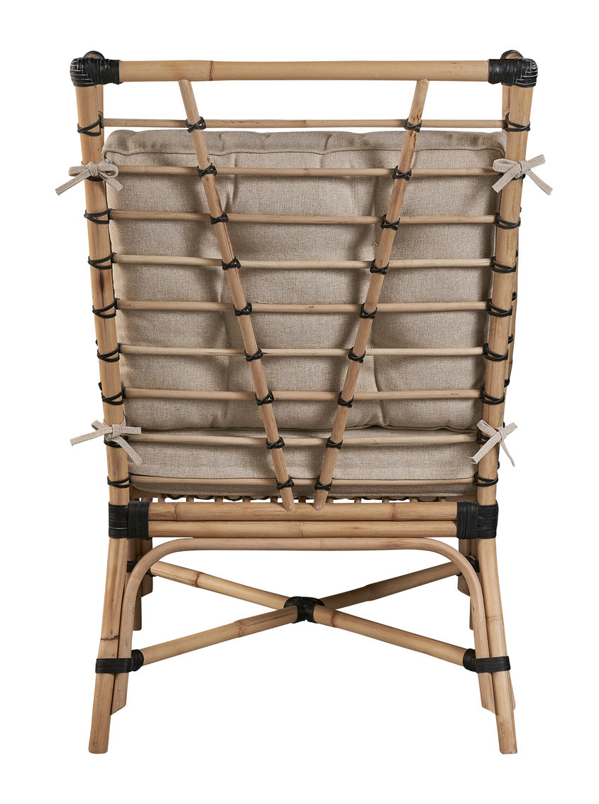 Pottery Barn Rattan lounge chair with cushion for sale, Bamboo lounge chair with cushion for sale