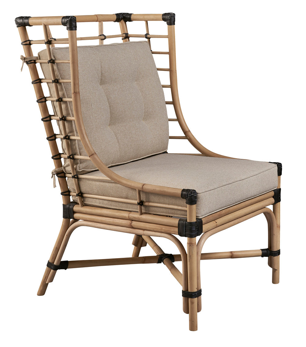 Pottery Barn Rattan lounge chair with cushion for sale, Bamboo lounge chair with cushion for sale
