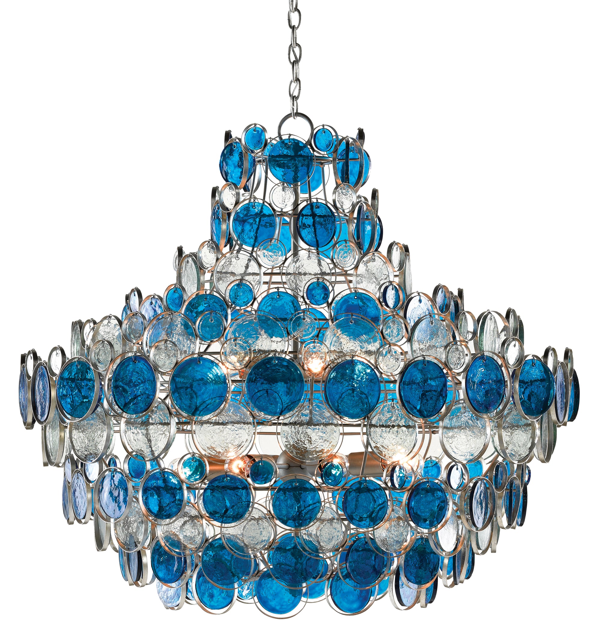 Currey and Company Galahad Blue Chandelier, Recycled blue glass large chandelier 
