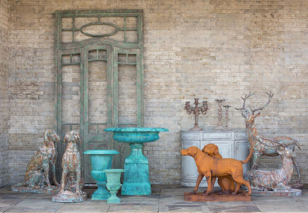 Estate outdoor iron statuary for sale, restoration hardware garden urns for sale
