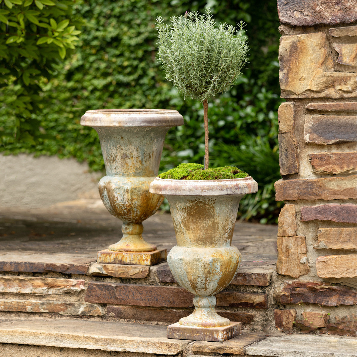 Aged Mantel Urn x 2