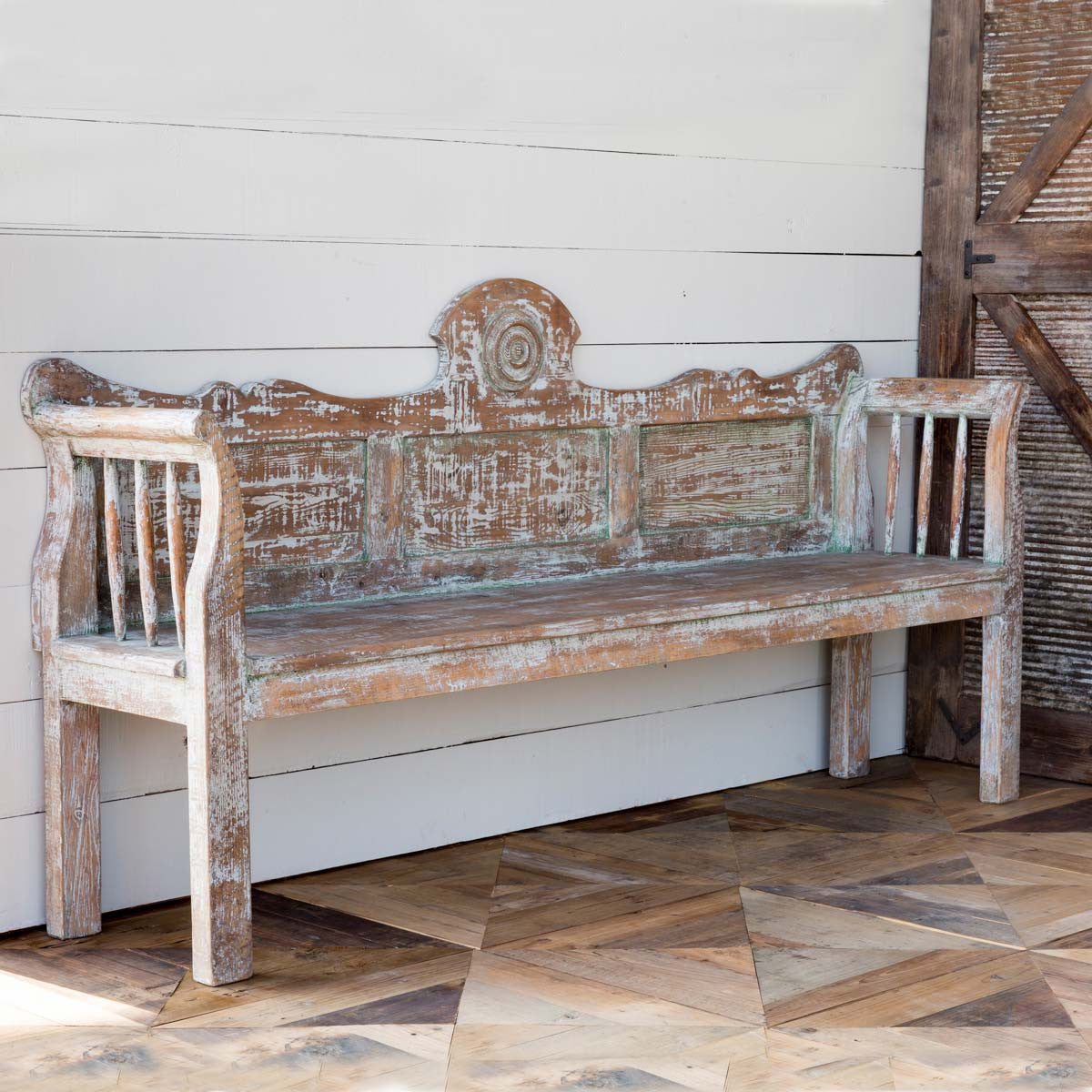 Vintage French Country Bench, Aged Painted Bench Park Hill