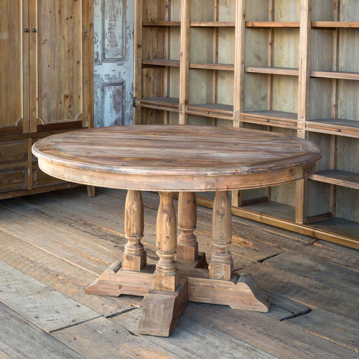 Barn Wood Balustrade Dining Table , Round Reclaimed wood farm table