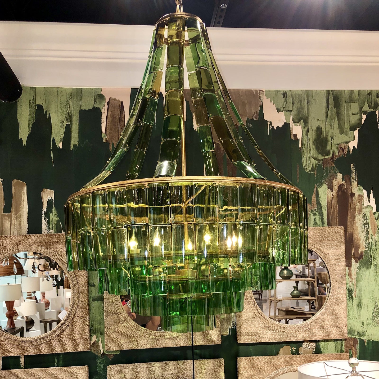 Vintner Chandelier Currey and Company, Vintage Green Glass Chandelier 