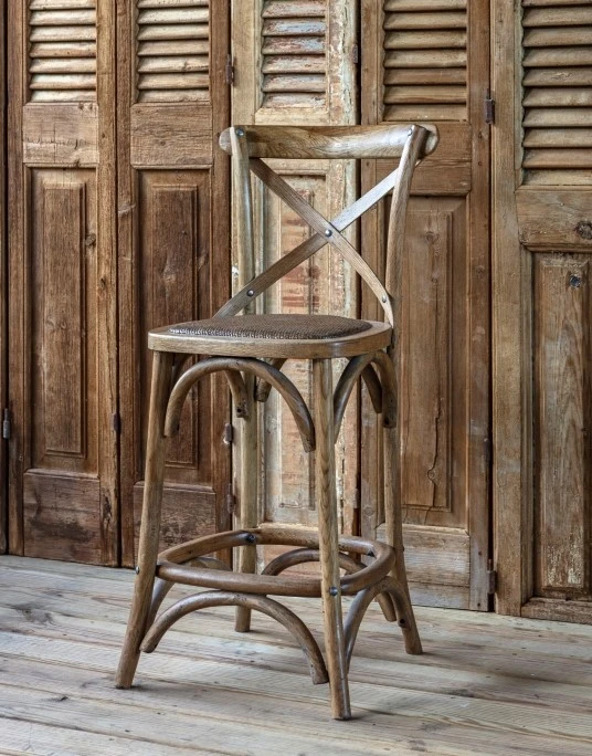 Antiqued Wooden Cross Back Counter Stool | The Alley Exchange