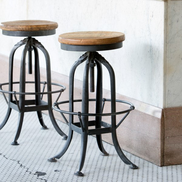 Park Hill Industrial Factory Stools Set Of 2, Iron and wood factory stools with foot rest for sale