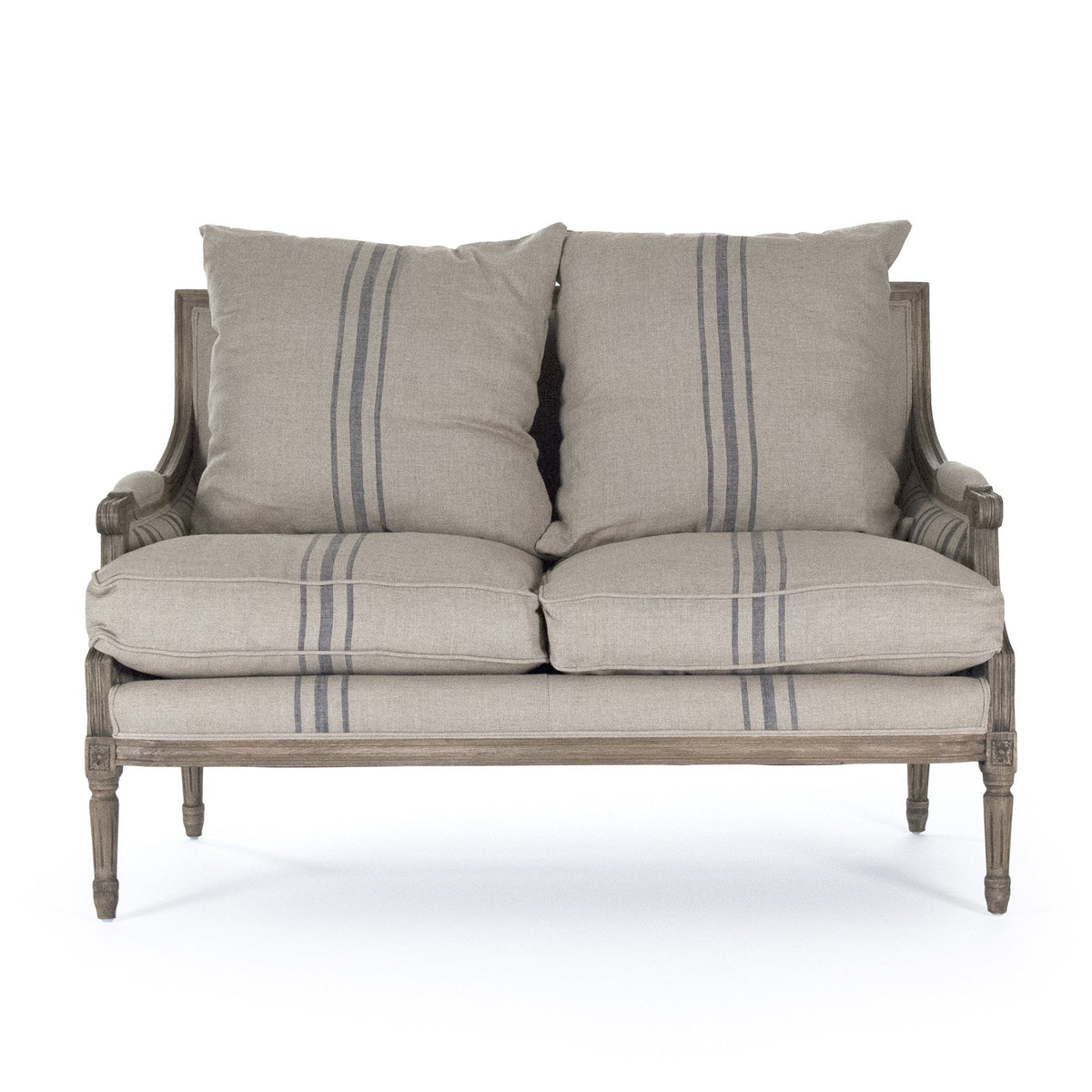 french striped wood and linen love seat for sale, pottery barn farmhouse furniture for sale