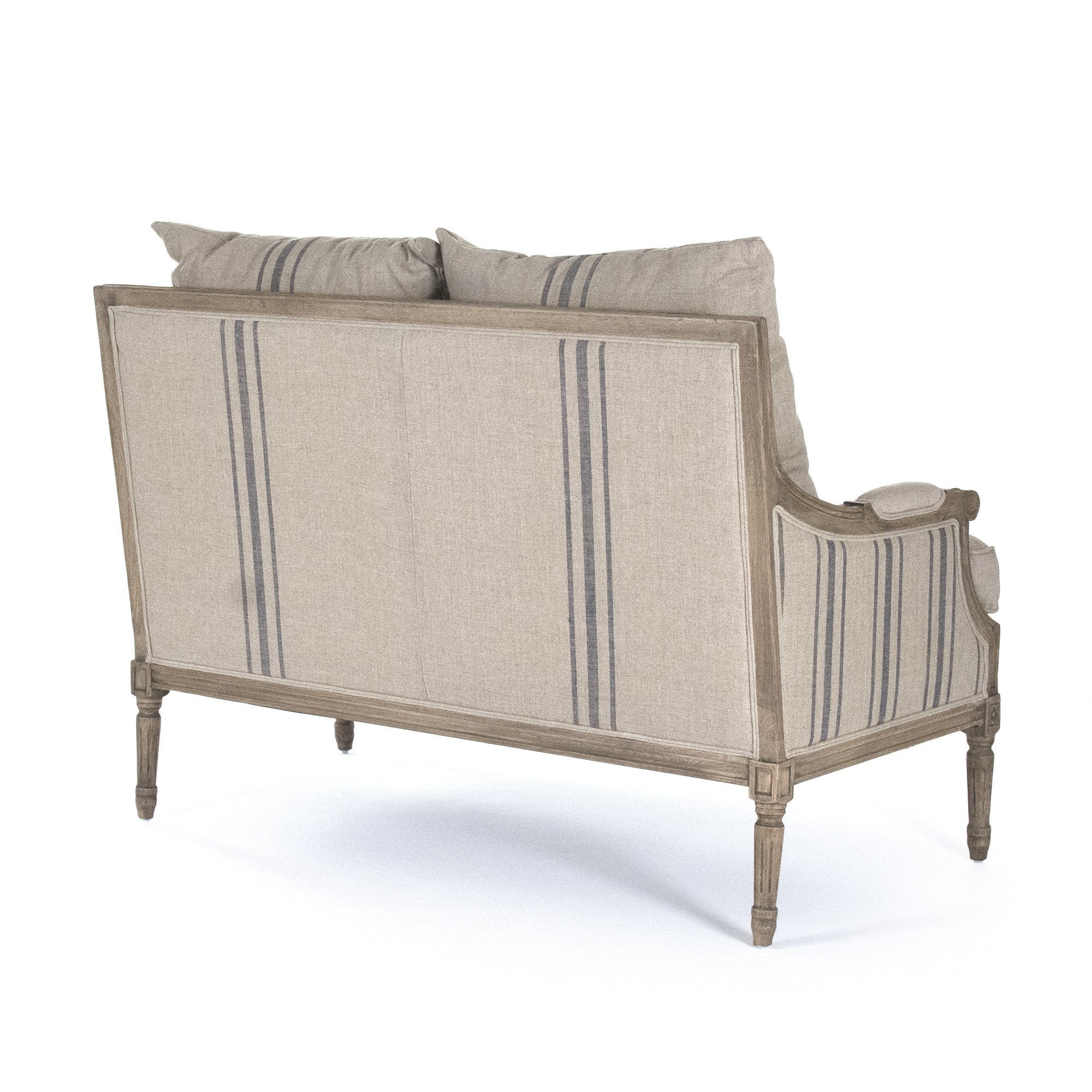 Striped French settee with cushions for sale, french linen and wood settee for sale